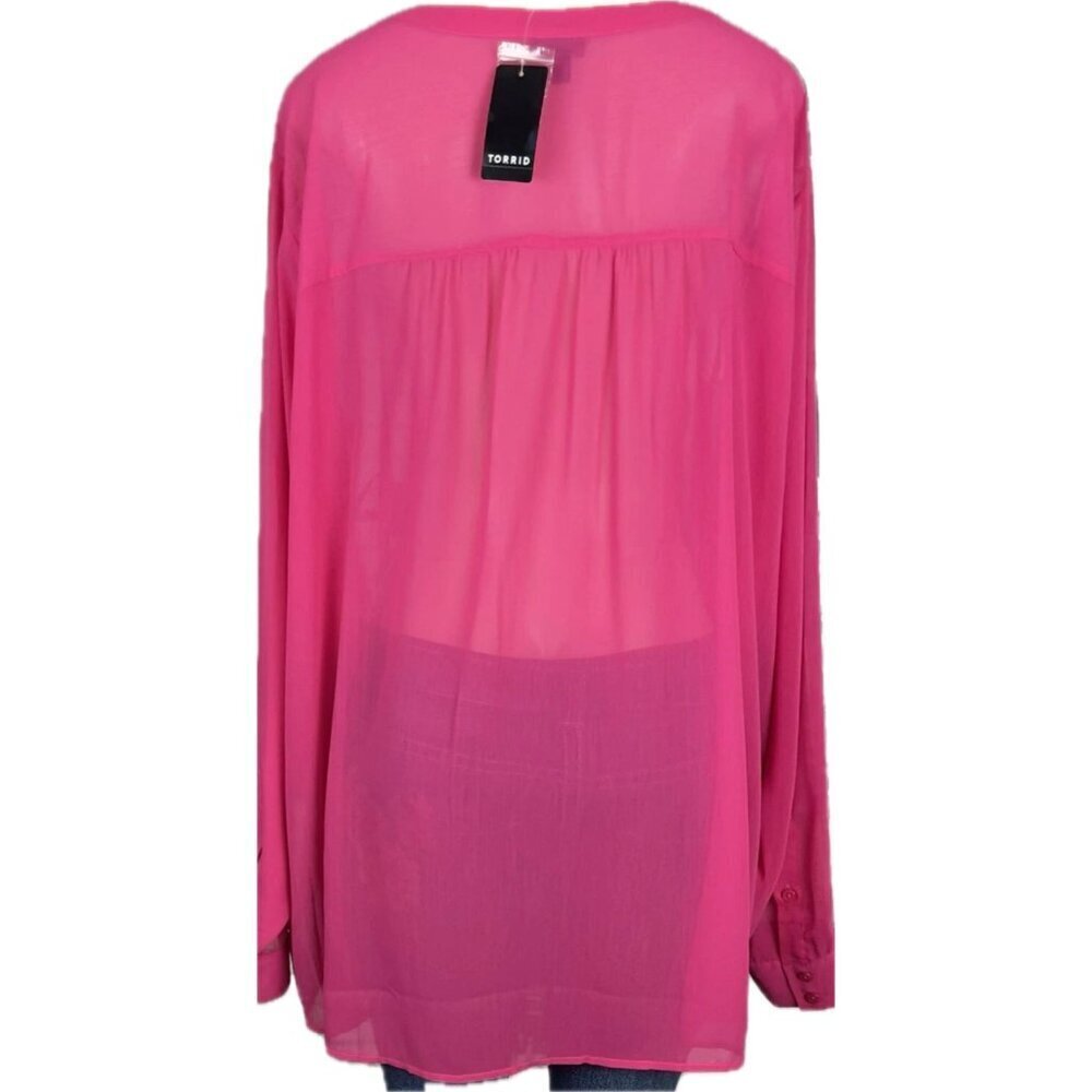 Torrid +5 Pink Split Neckline Button Down Sheer Woven Chiffon Long Sleeve Blouse - Picture 6 of 6